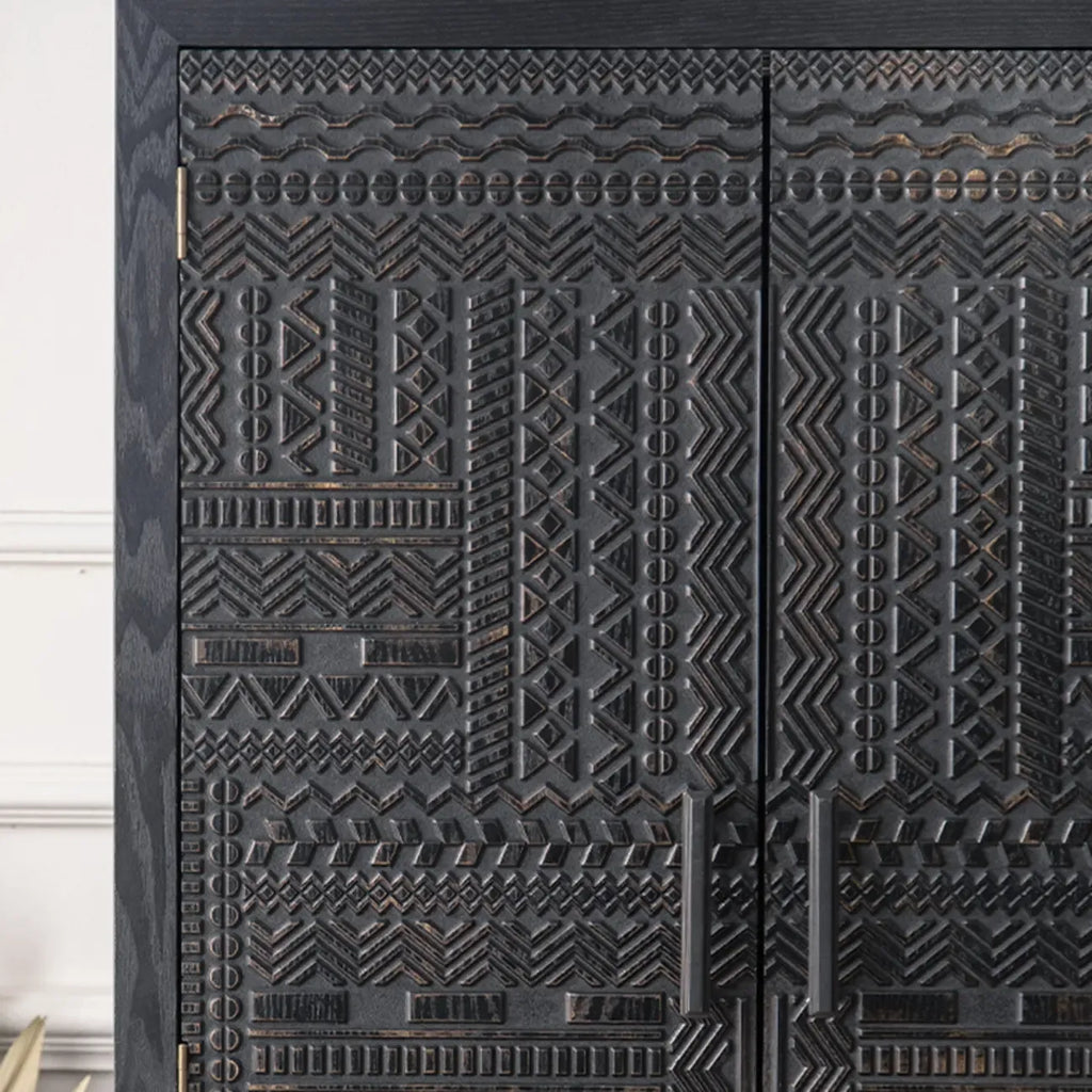 Artistic Pattern Wood Black Cabinet Sideboard in 3-Shelf