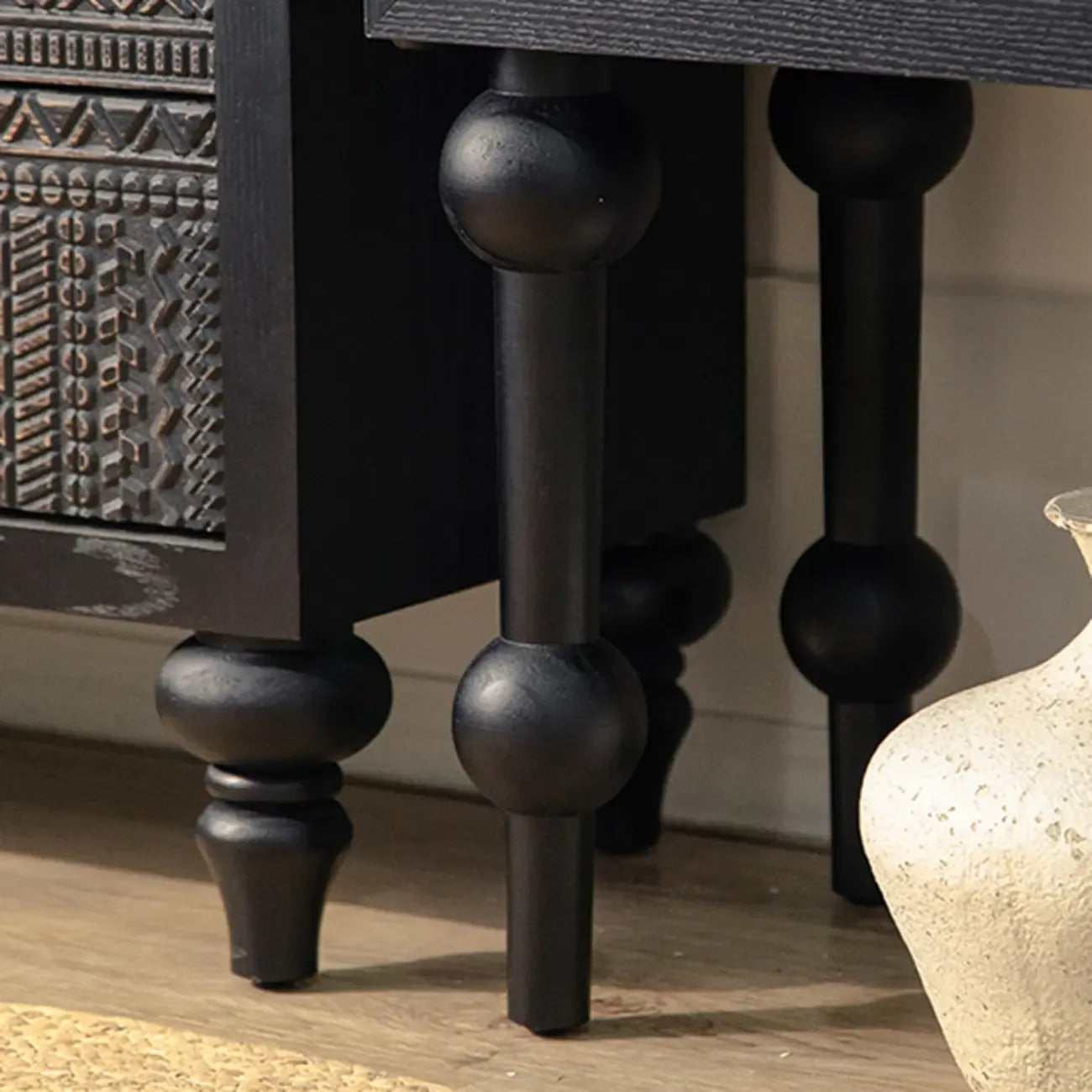 Artistic Pattern Wood Black Cabinet Sideboard in 3-Shelf
