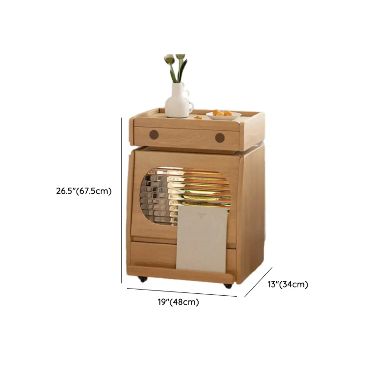 Mobile Natural Wooden Flip-Top Side Table with Storage Drawers