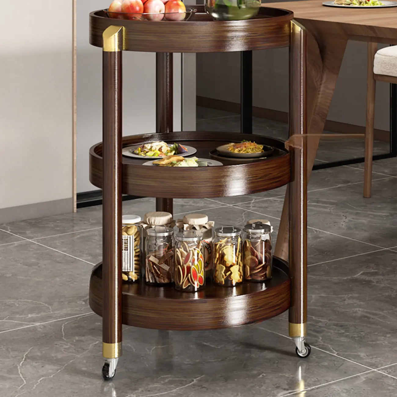 3-Tier Bamboo Brown Round Swivel Side Table for Living Room