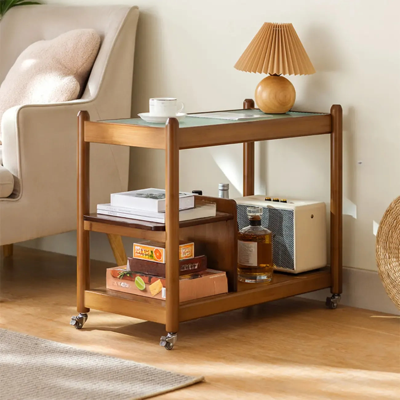 Rectangular Wide Nut-Brown Glass Top Side Table with Wheels