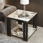 Gold-Black 2-Tier Stone Top Square Metal Frame Side Table
