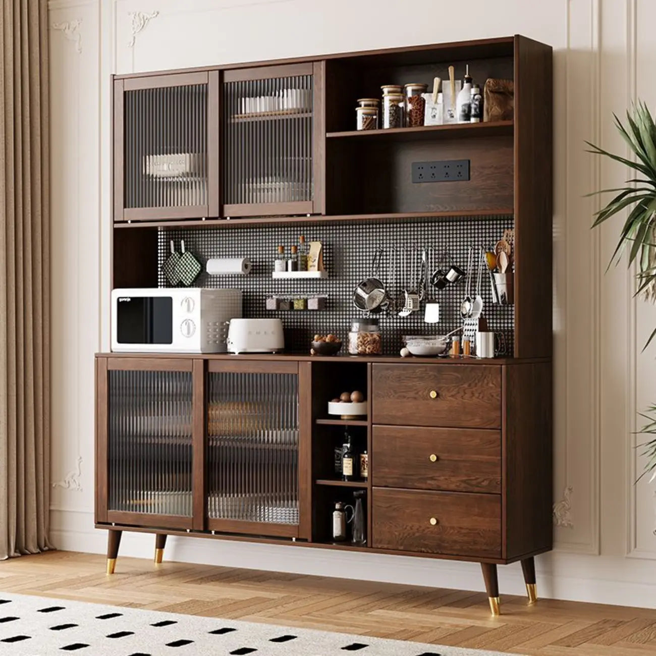 Brown Wood 3-Drawer Glass Sliding Doors Buffet Cabinet