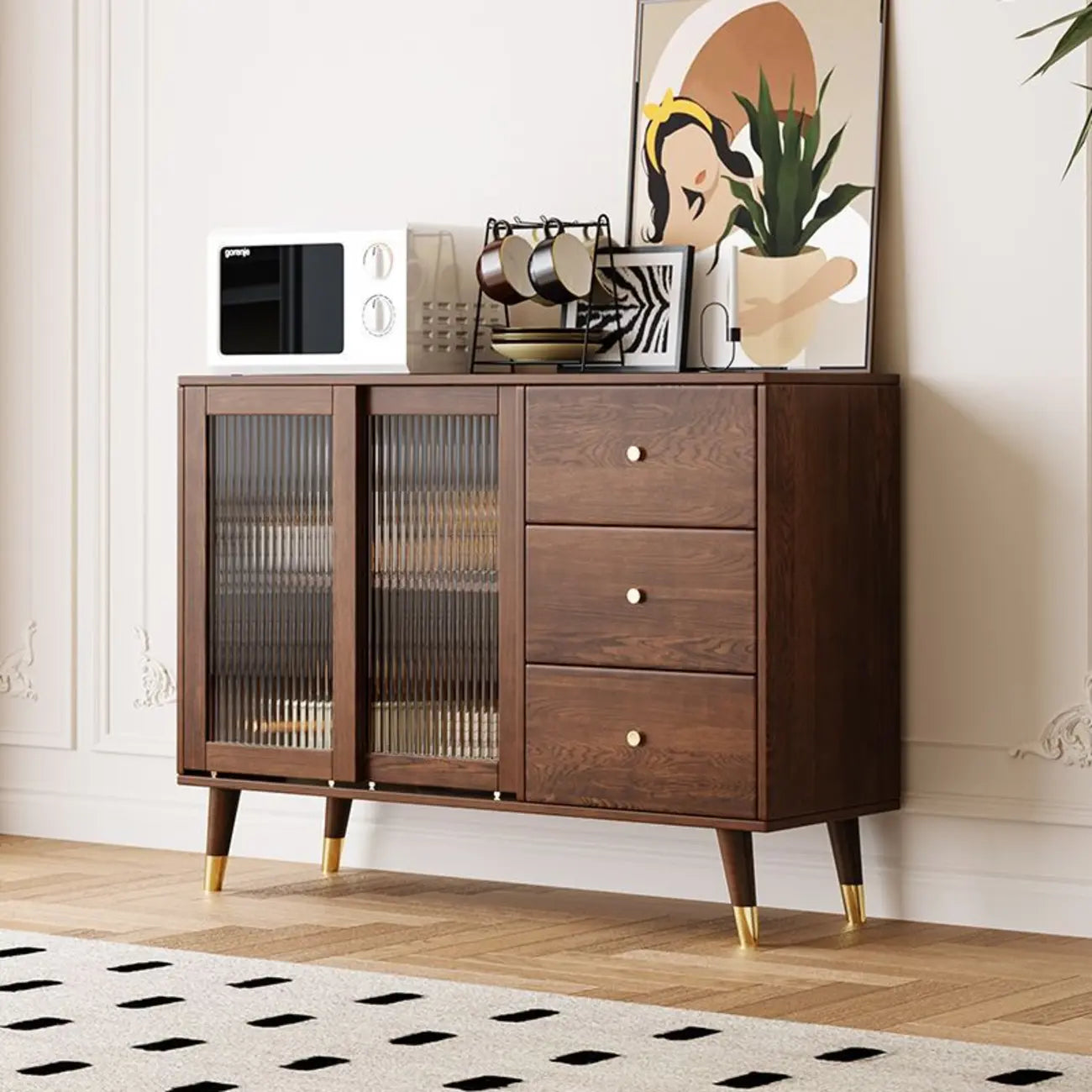 Brown Wood 3-Drawer Glass Sliding Doors Buffet Cabinet