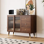 Brown Wood 3-Drawer Glass Sliding Doors Buffet Cabinet