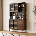 Brown Wood 3-Drawer Glass Sliding Doors Buffet Cabinet