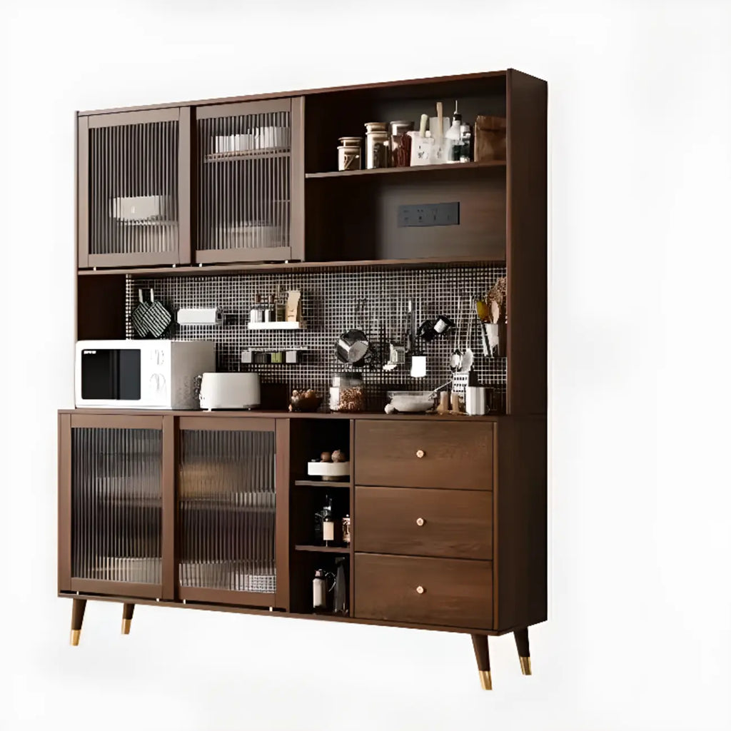 Brown Wood 3-Drawer Glass Sliding Doors Buffet Cabinet