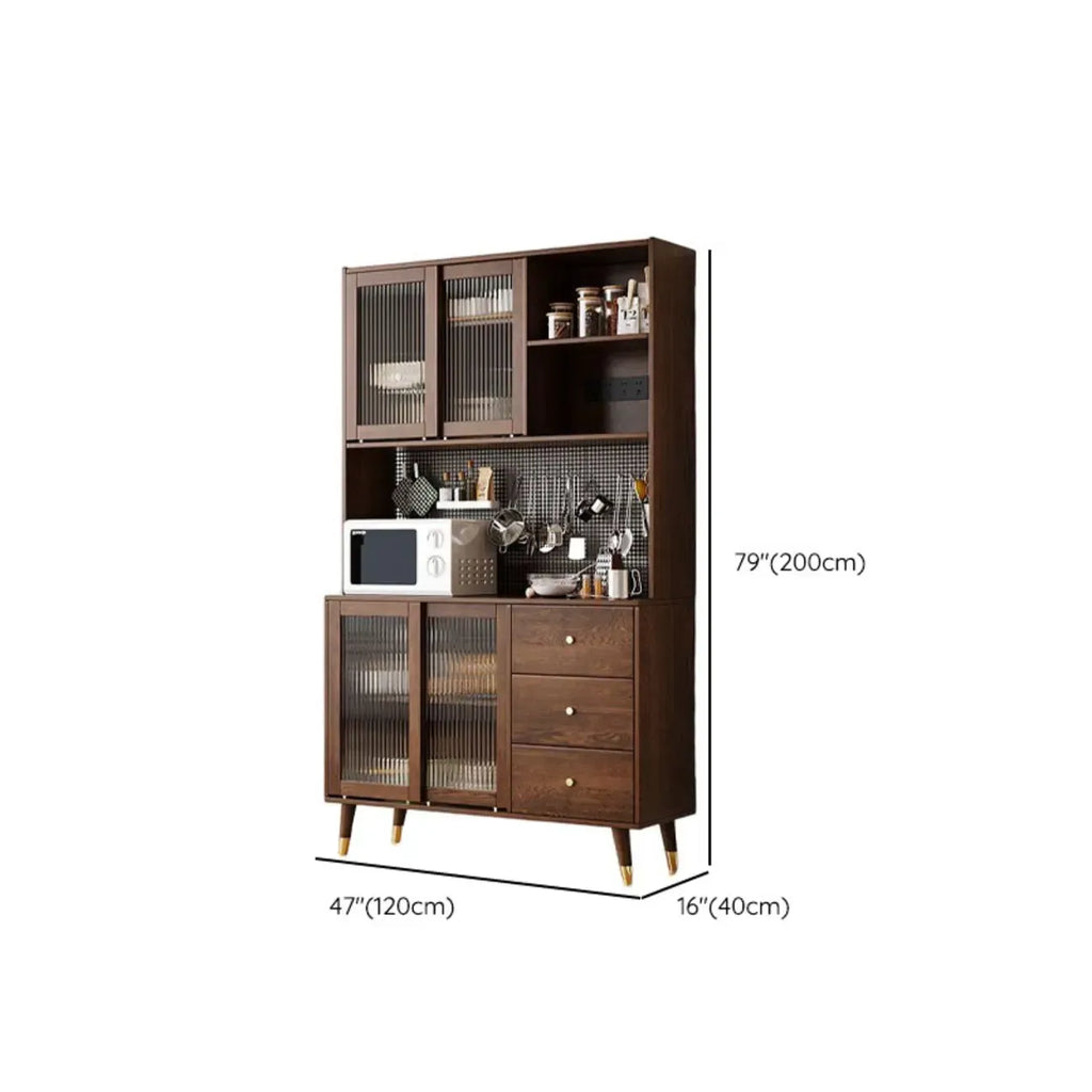 Brown Wood 3-Drawer Glass Sliding Doors Buffet Cabinet