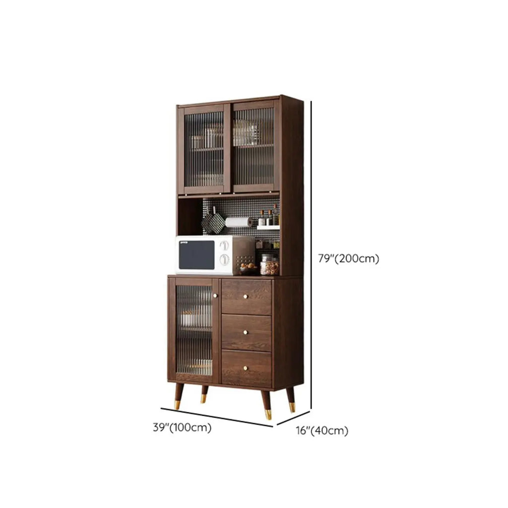 Brown Wood 3-Drawer Glass Sliding Doors Buffet Cabinet