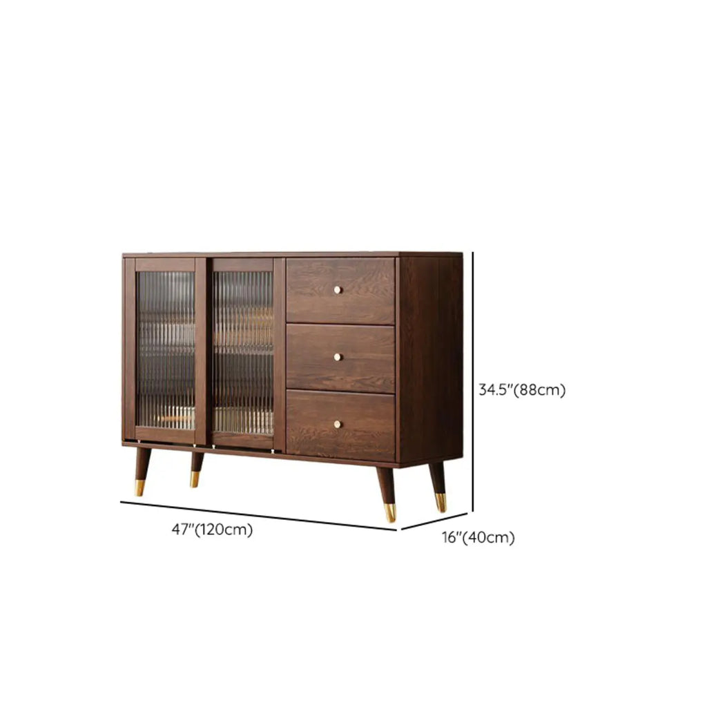 Brown Wood 3-Drawer Glass Sliding Doors Buffet Cabinet