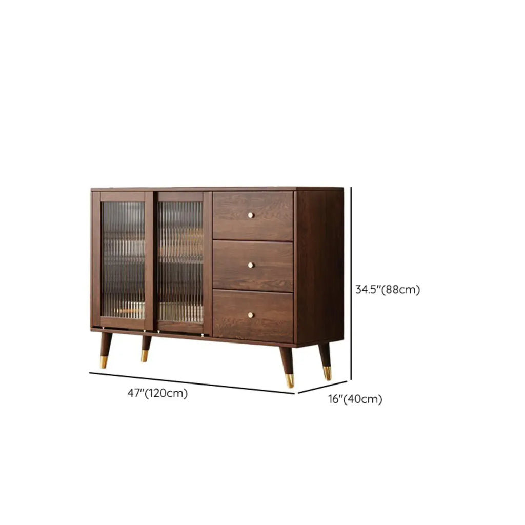 Brown Wood 3-Drawer Glass Sliding Doors Buffet Cabinet