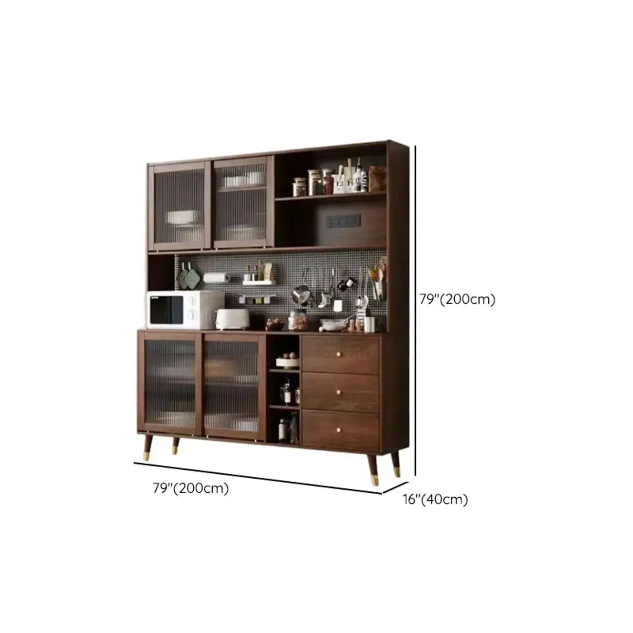 Brown Wood 3-Drawer Glass Sliding Doors Buffet Cabinet