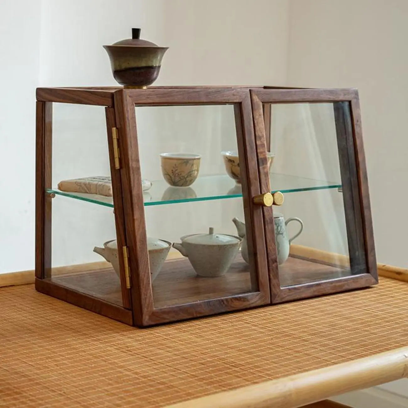 Minimalist 2-Tier Wooden Glass Display Cabinet for Tabletop