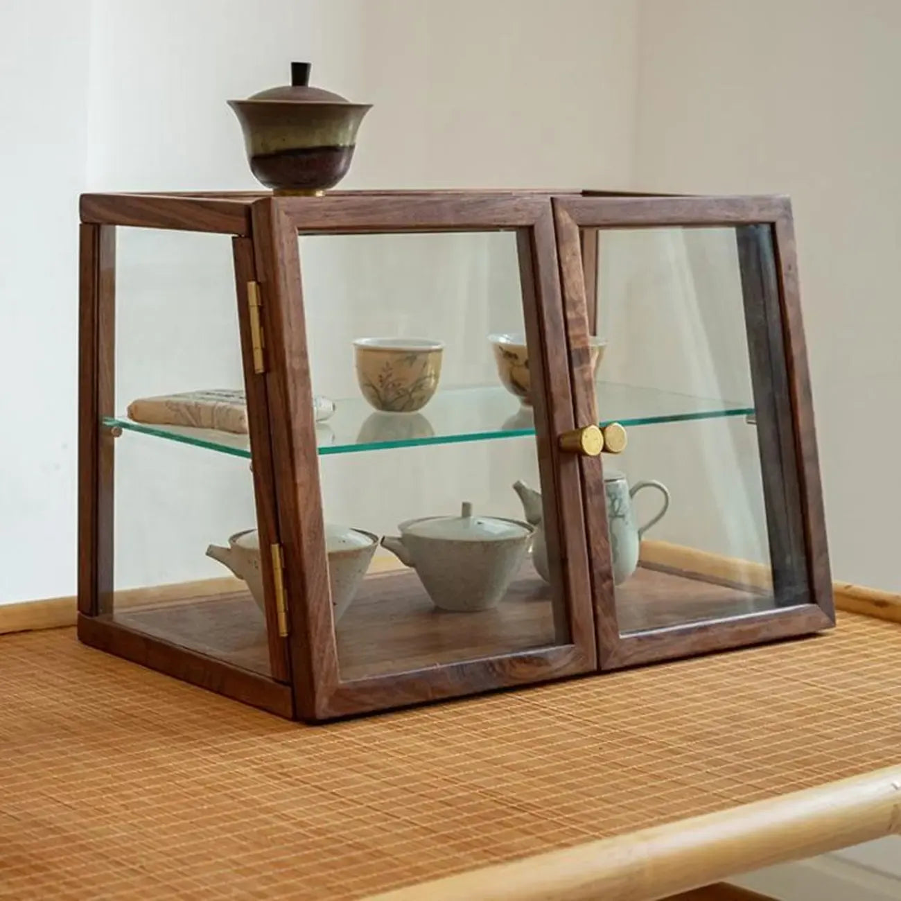 Minimalist 2-Tier Wooden Glass Display Cabinet for Tabletop