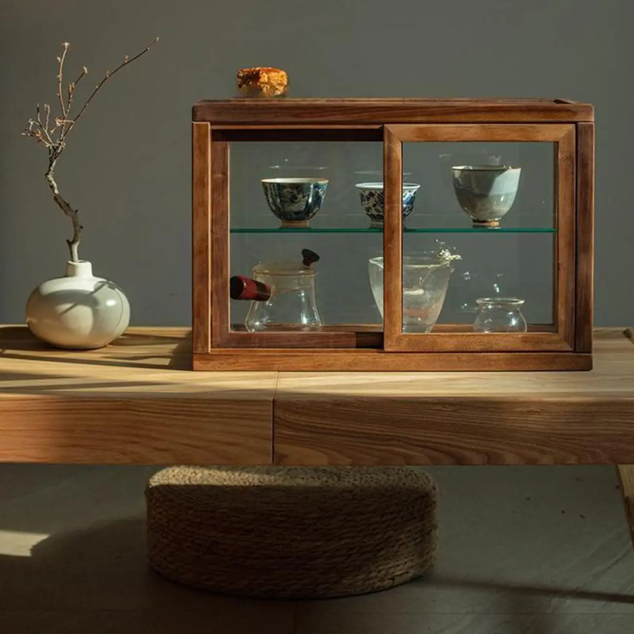 Minimalist 2-Tier Wooden Glass Display Cabinet for Tabletop