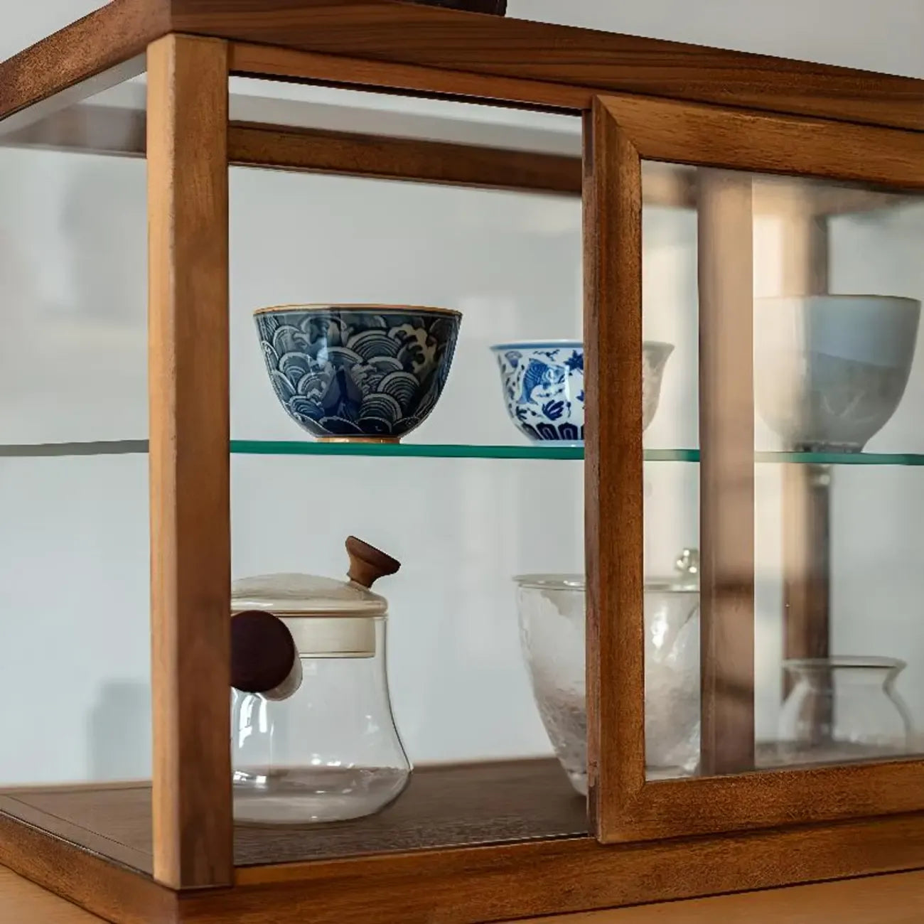 Minimalist 2-Tier Wooden Glass Display Cabinet for Tabletop