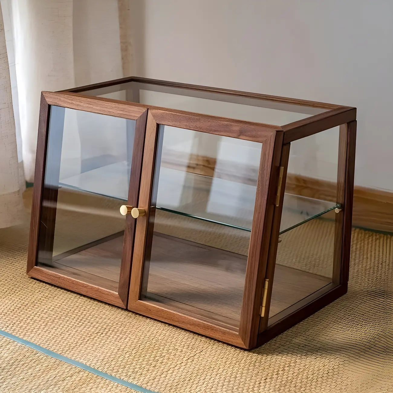 Minimalist 2-Tier Wooden Glass Display Cabinet for Tabletop