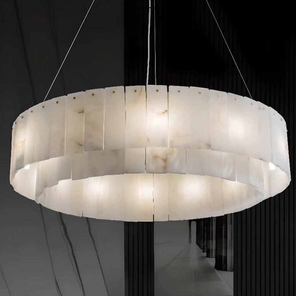 2-Tiers White Metal Circle Alabaster Drum Chandelier