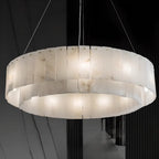 2-Tiers White Metal Circle Alabaster Drum Chandelier