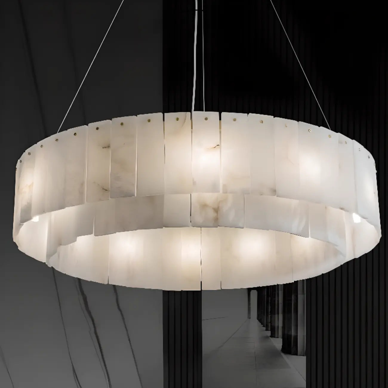 2-Tiers White Metal Circle Alabaster Drum Chandelier