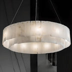 2-Tiers White Metal Circle Alabaster Drum Chandelier