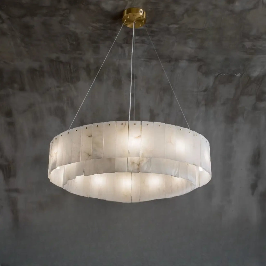 2-Tiers White Metal Circle Alabaster Drum Chandelier
