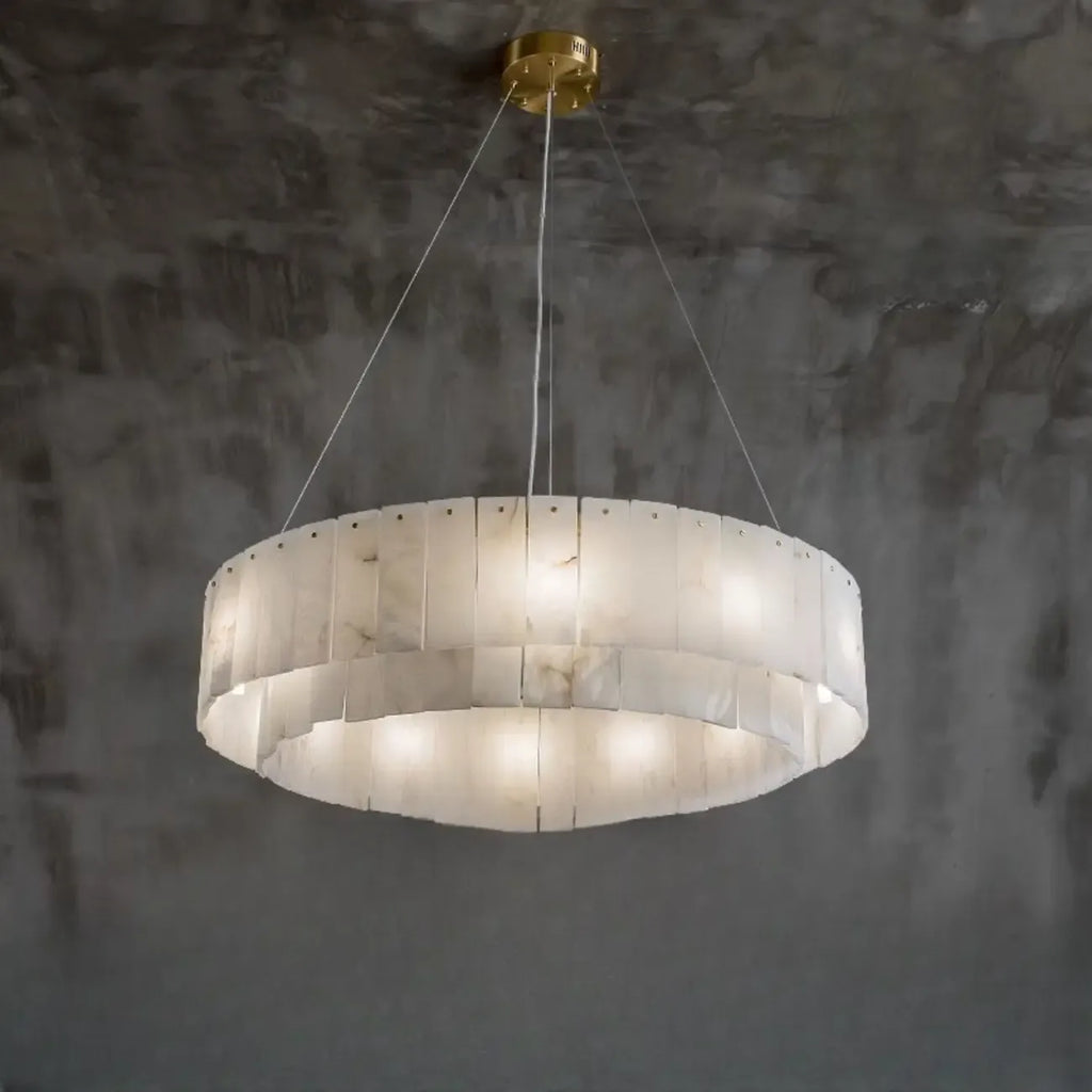 2-Tiers White Metal Circle Alabaster Drum Chandelier