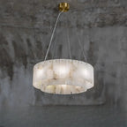 2-Tiers White Metal Circle Alabaster Drum Chandelier