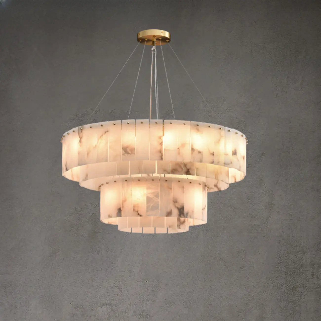 2-Tiers White Metal Circle Alabaster Drum Chandelier