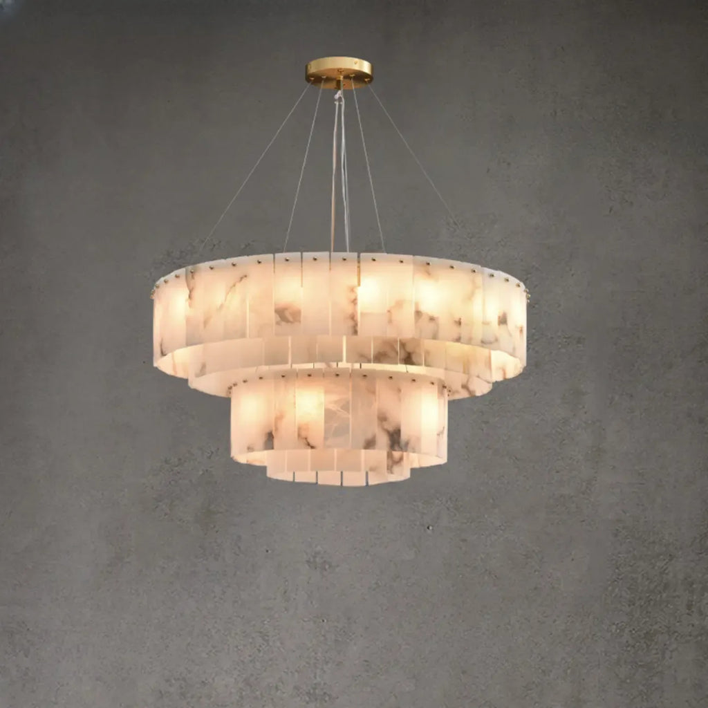 2-Tiers White Metal Circle Alabaster Drum Chandelier