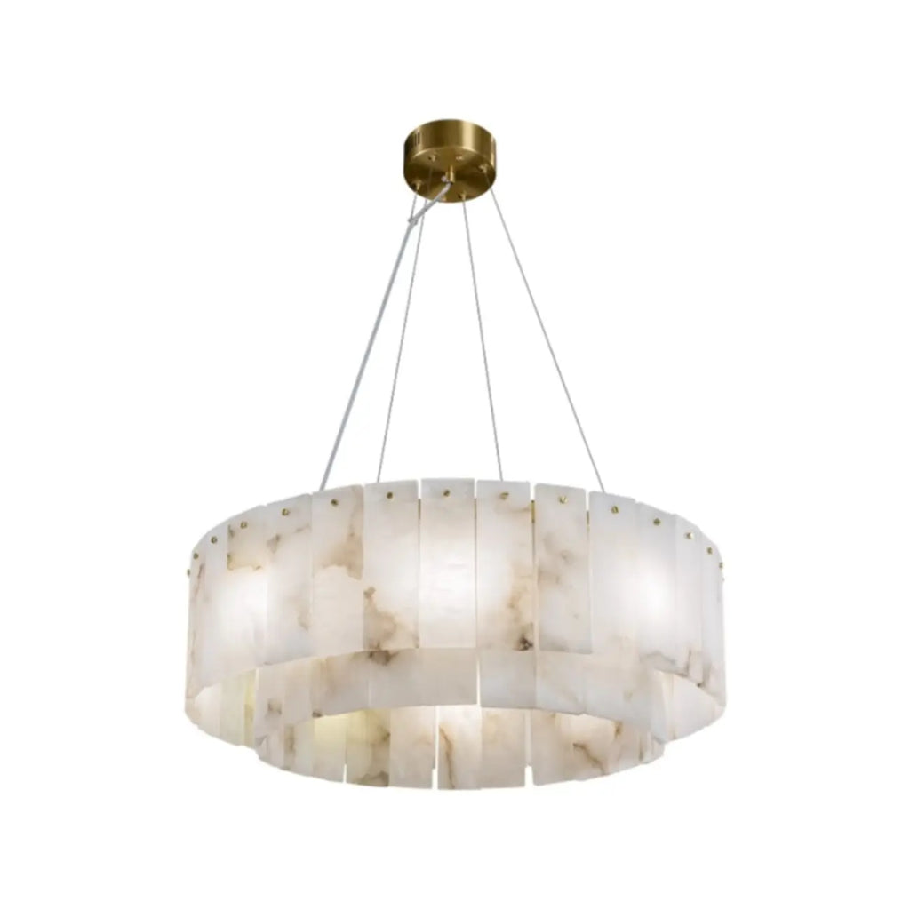 2-Tiers White Metal Circle Alabaster Drum Chandelier