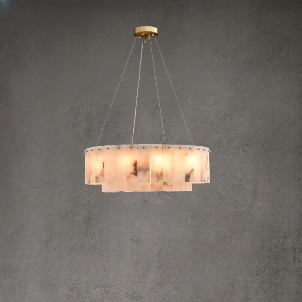 2-Tiers White Metal Circle Alabaster Drum Chandelier