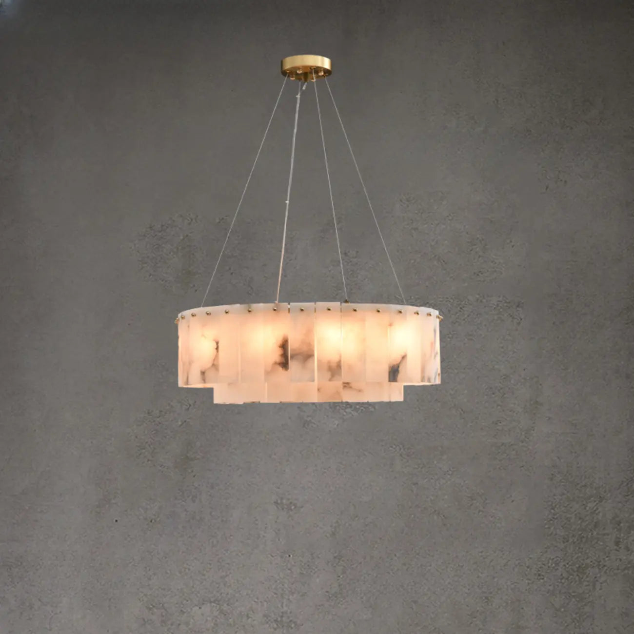 2-Tiers White Metal Circle Alabaster Drum Chandelier