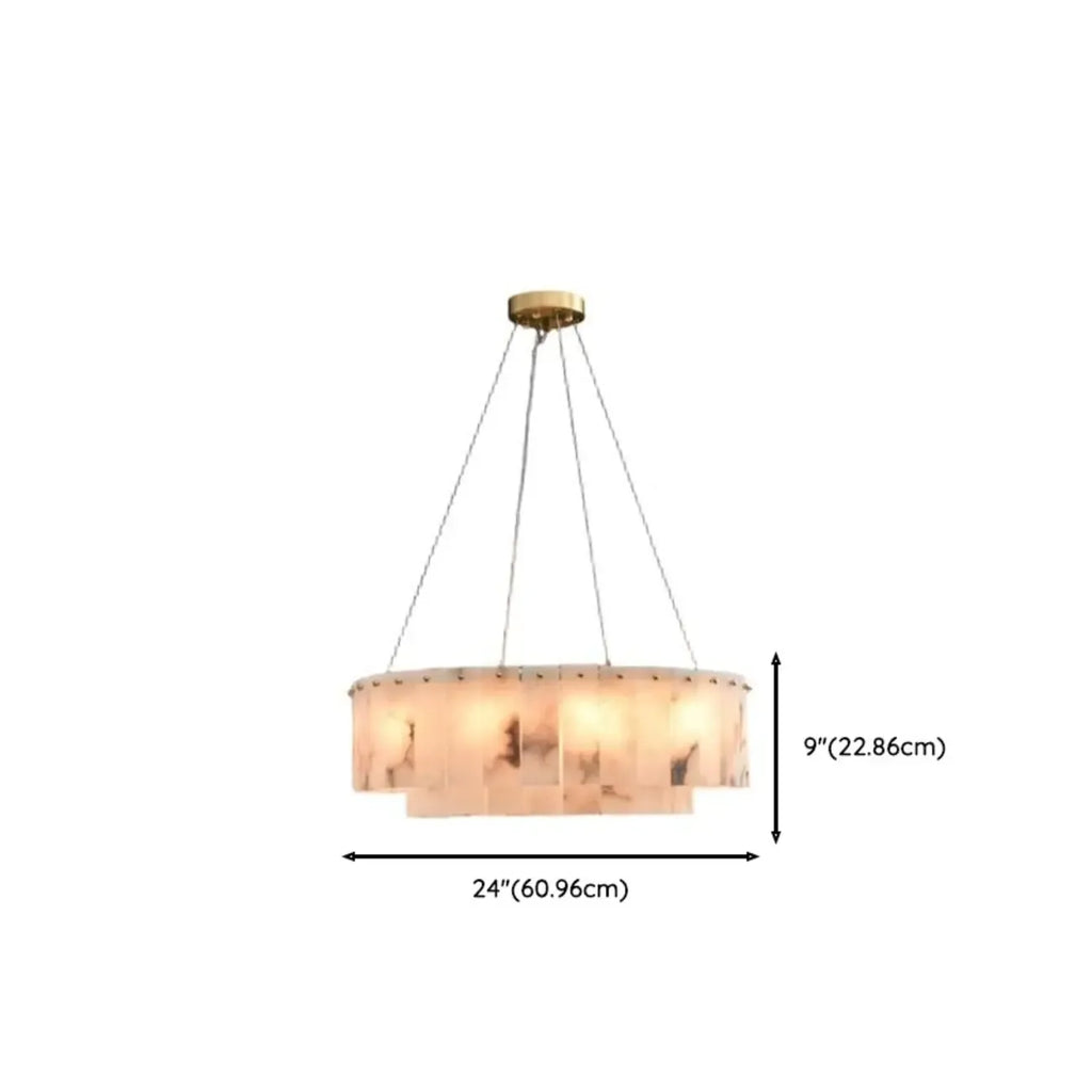 2-Tiers White Metal Circle Alabaster Drum Chandelier
