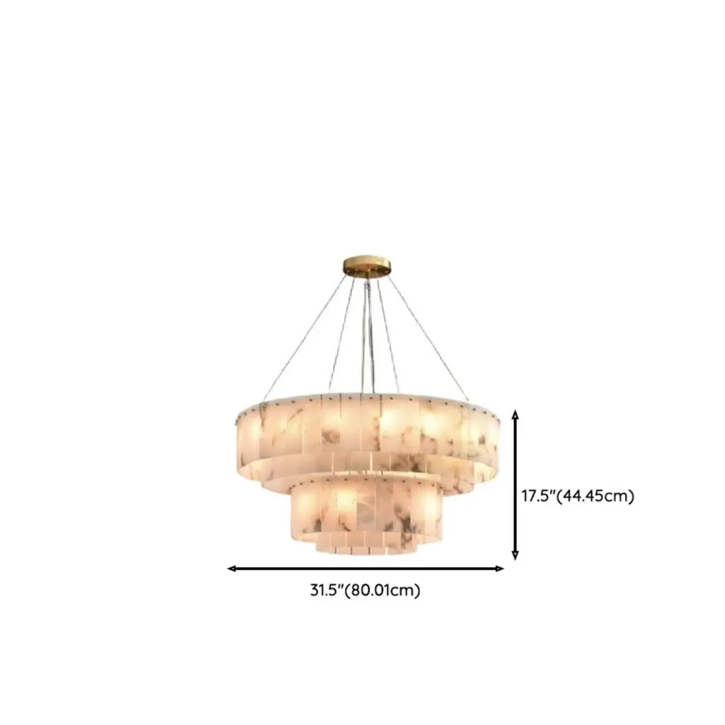2-Tiers White Metal Circle Alabaster Drum Chandelier