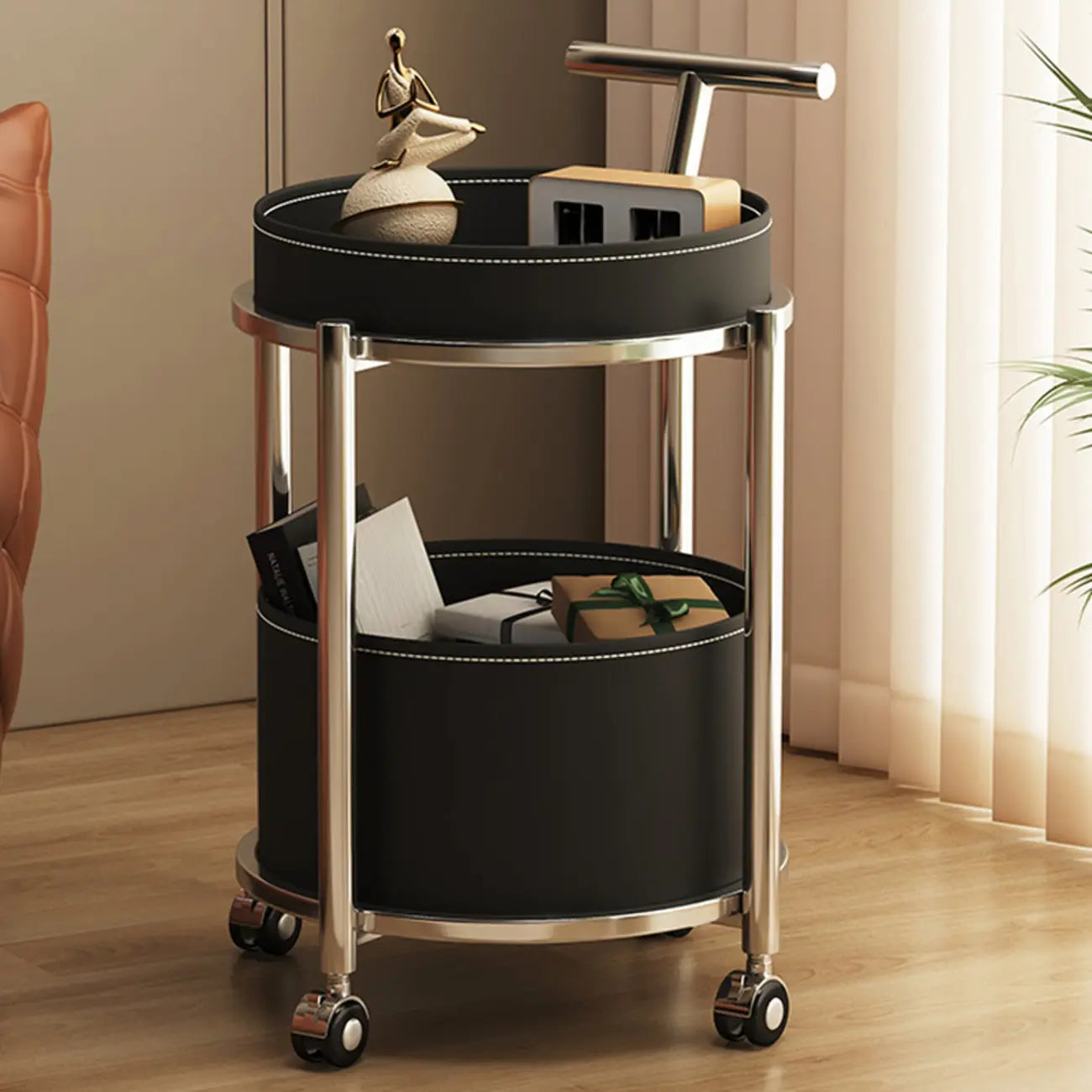 Convenient 2 Tiers Orange Cylinder Leather Side Table