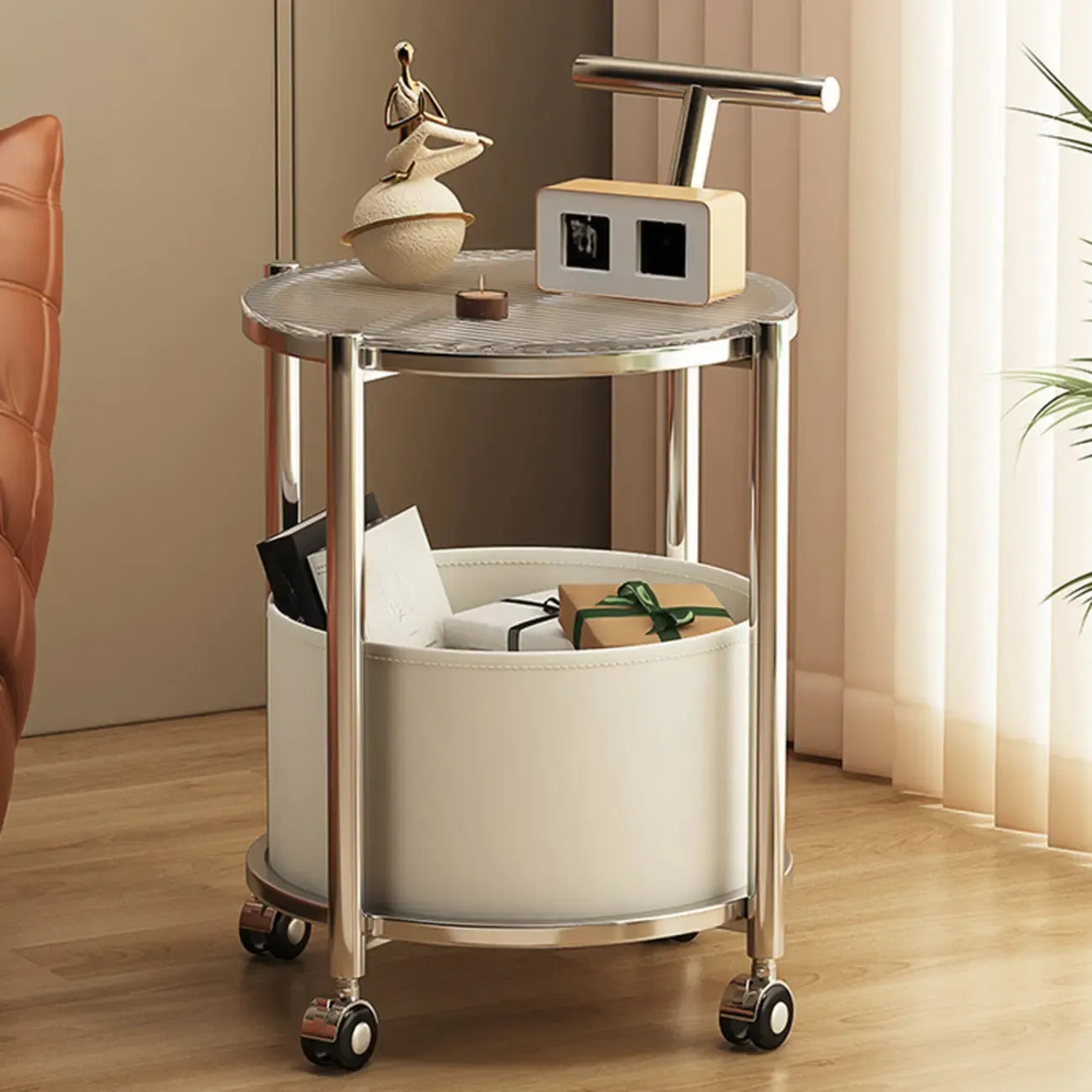 Convenient 2 Tiers Orange Cylinder Leather Side Table