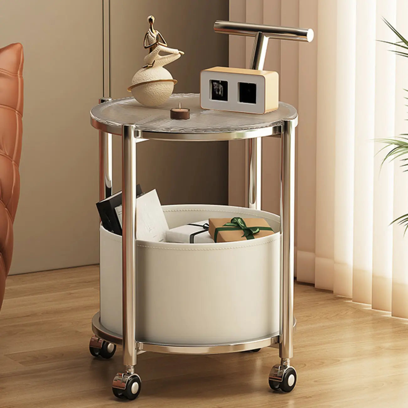 Convenient 2 Tiers Orange Cylinder Leather Side Table