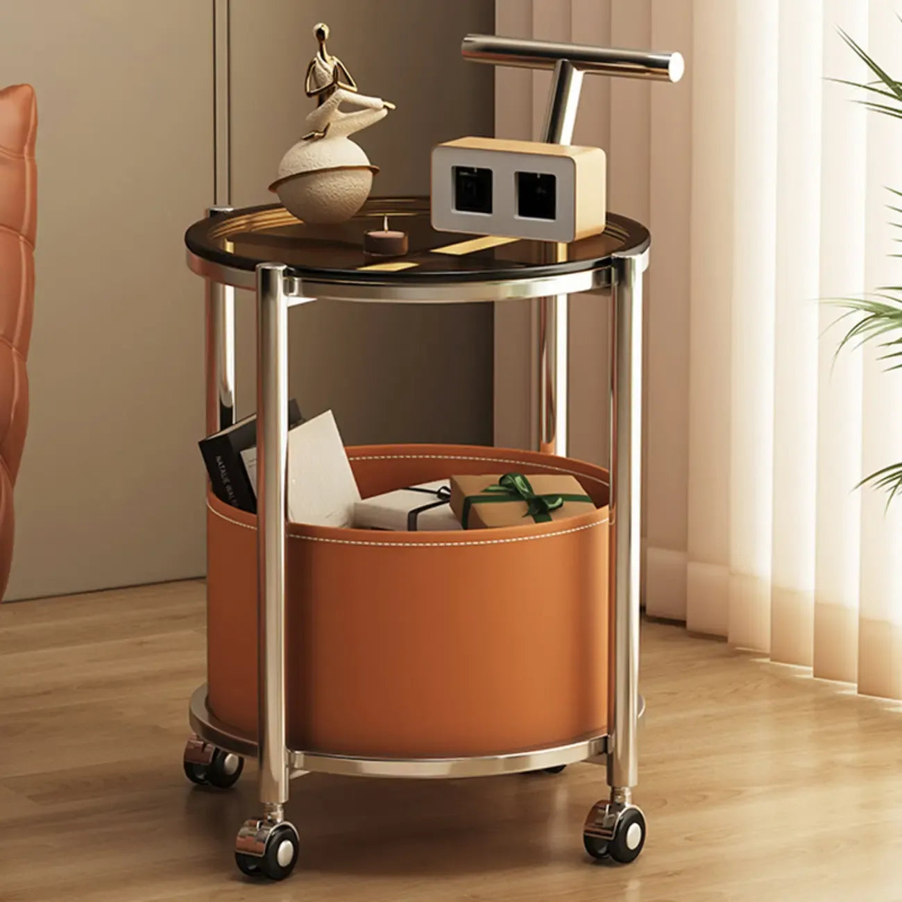 Convenient 2 Tiers Orange Cylinder Leather Side Table