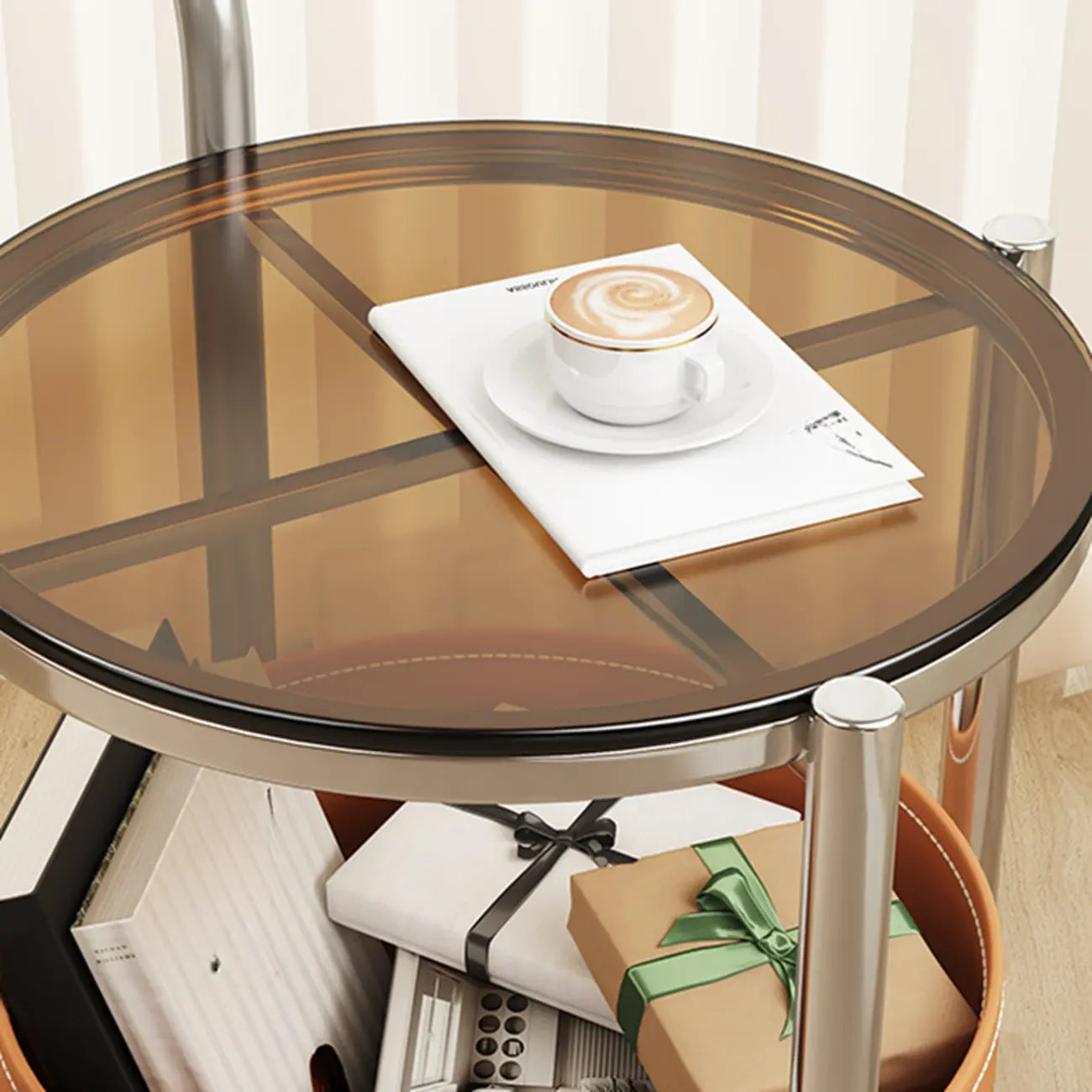 Convenient 2 Tiers Orange Cylinder Leather Side Table