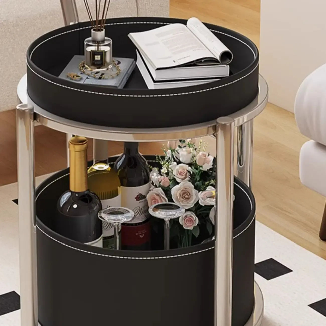 Convenient 2 Tiers Orange Cylinder Leather Side Table