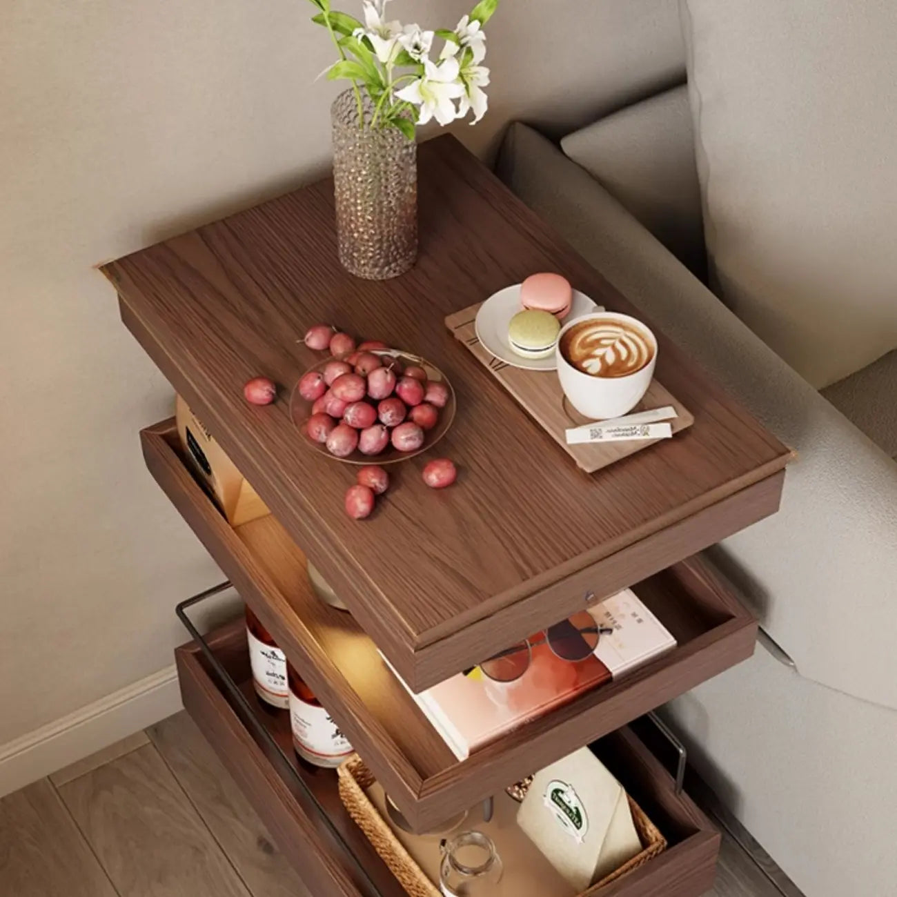 Brown Wood Rectangular 3-Tier Rolling Side Table