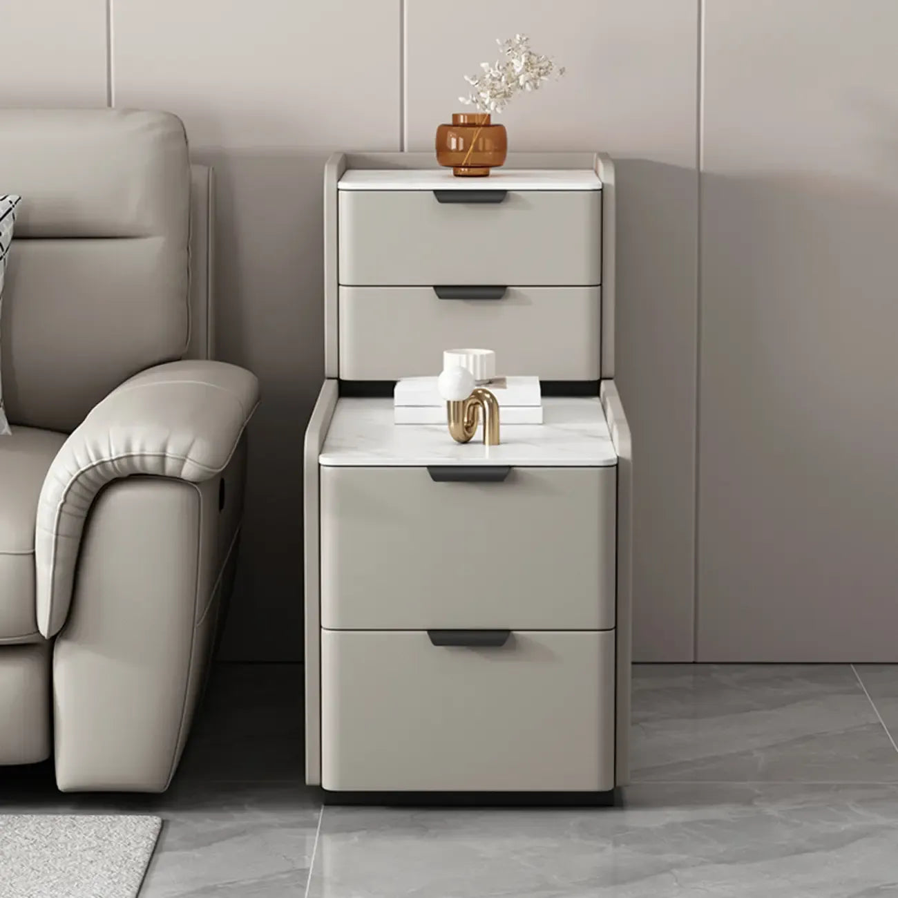 Tall 4-Drawer Stone Top Wooden L-Shaped Sofa End Table