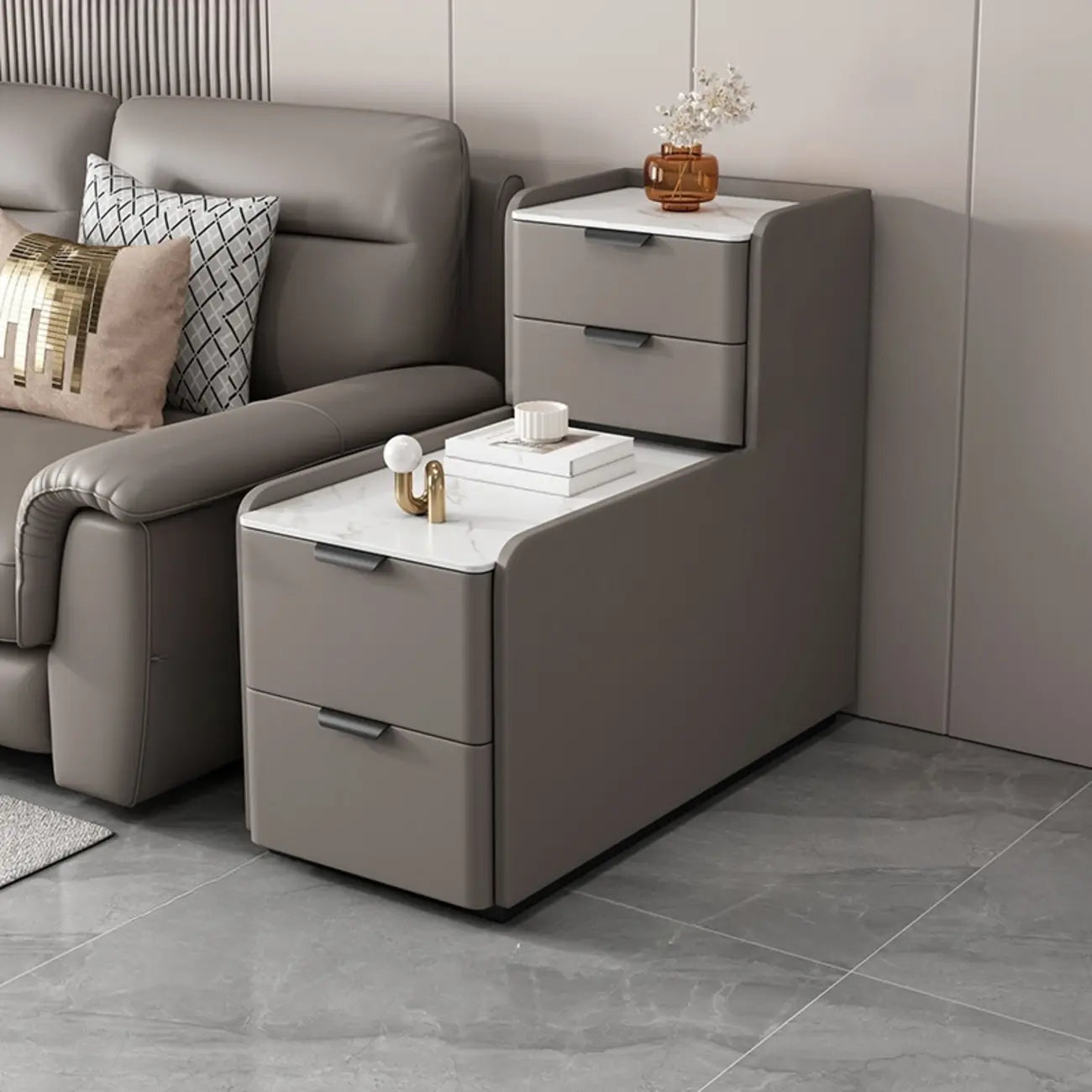 Tall 4-Drawer Stone Top Wooden L-Shaped Sofa End Table