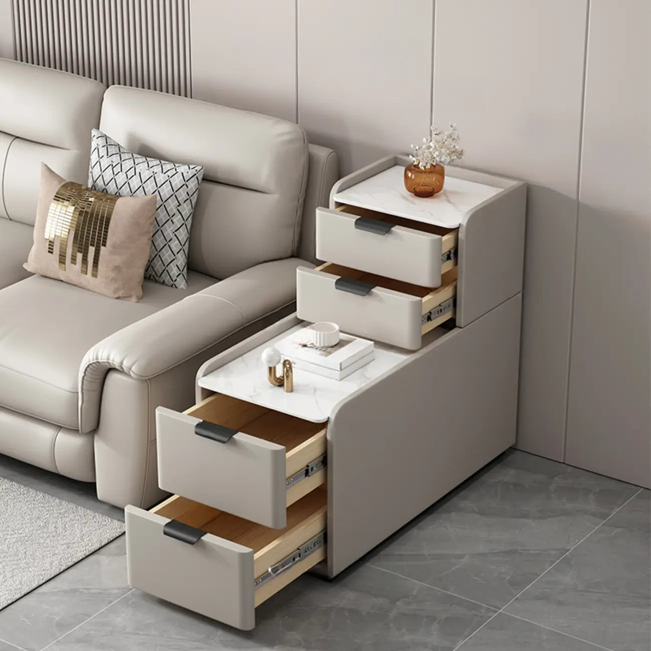 Tall 4-Drawer Stone Top Wooden L-Shaped Sofa End Table