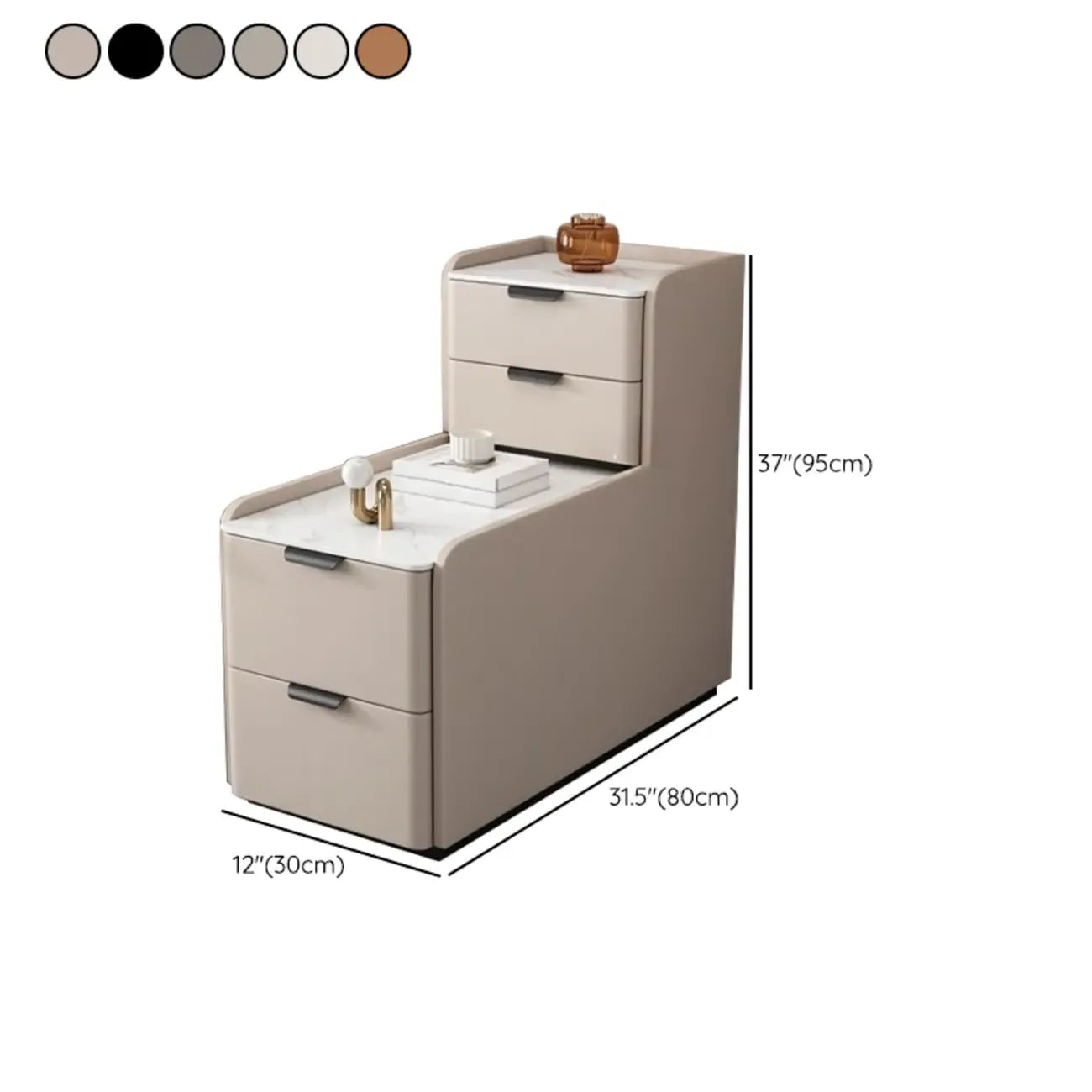 Tall 4-Drawer Stone Top Wooden L-Shaped Sofa End Table