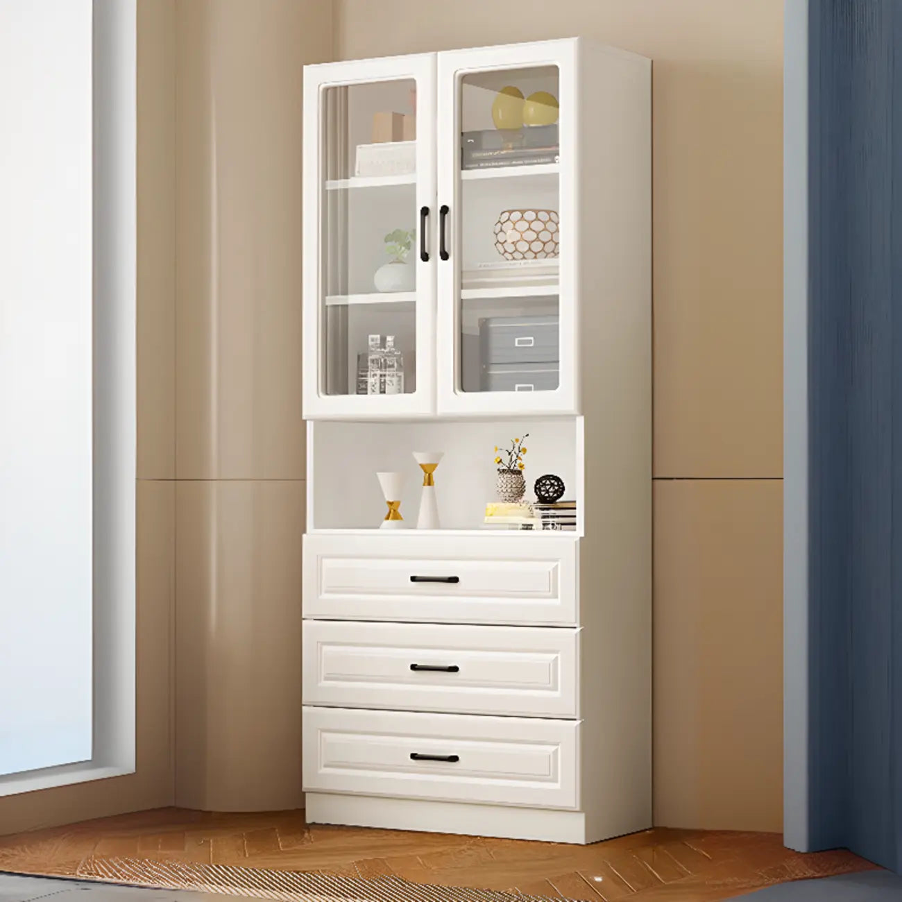Classic White Vertical Wood Display Bookcase with Cabinet