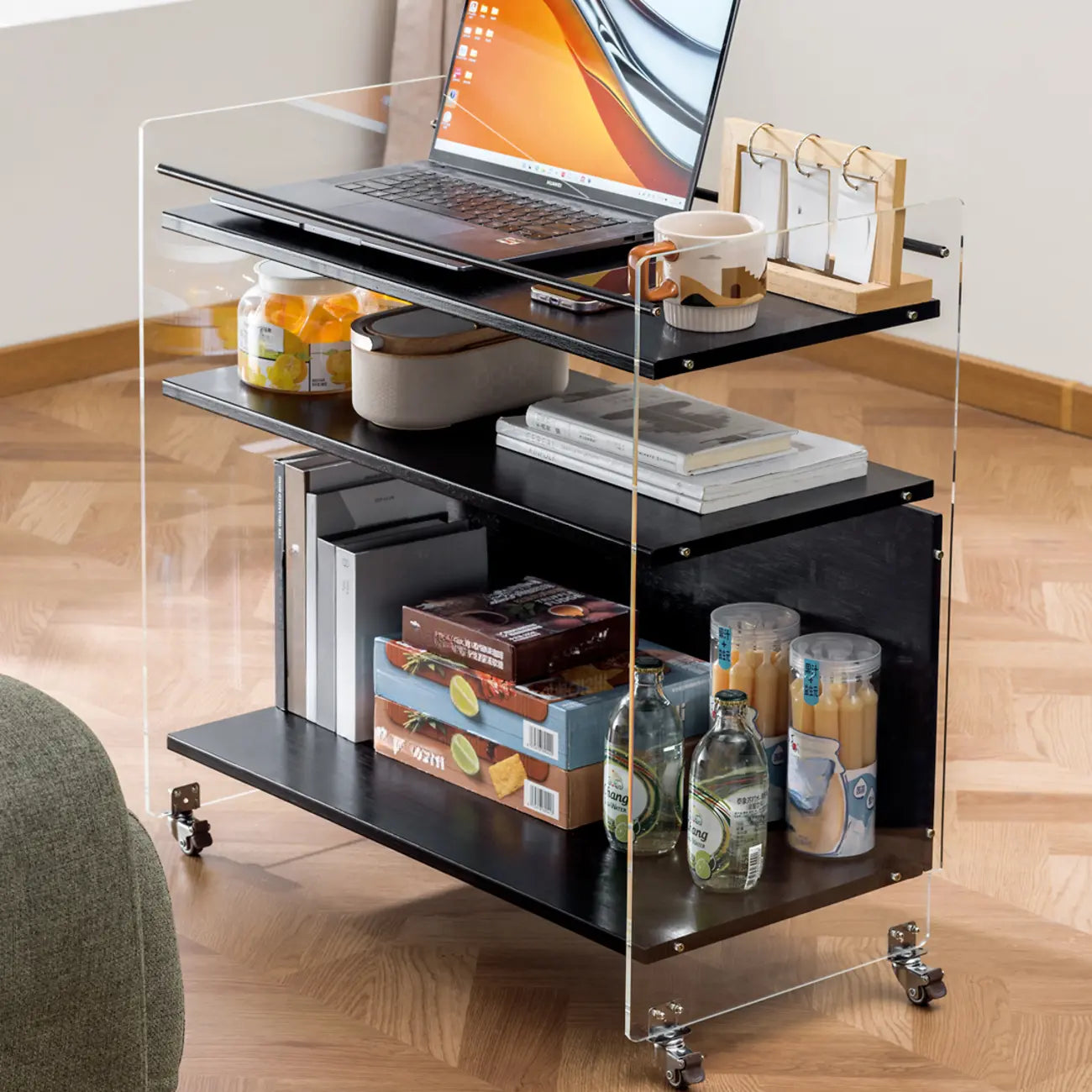 Trendy Moso Bamboo Acrylic 3-Shelf Side Table with Wheels