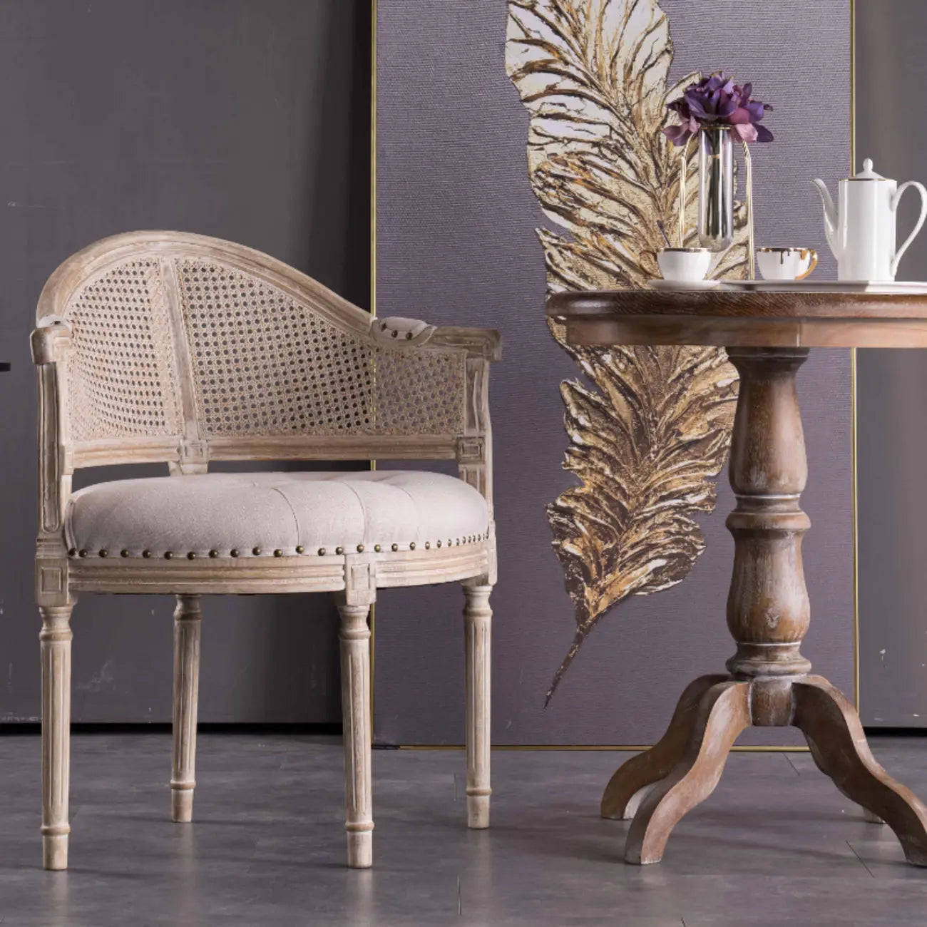Rustic Rattan Upholstered Wood Dining Chair