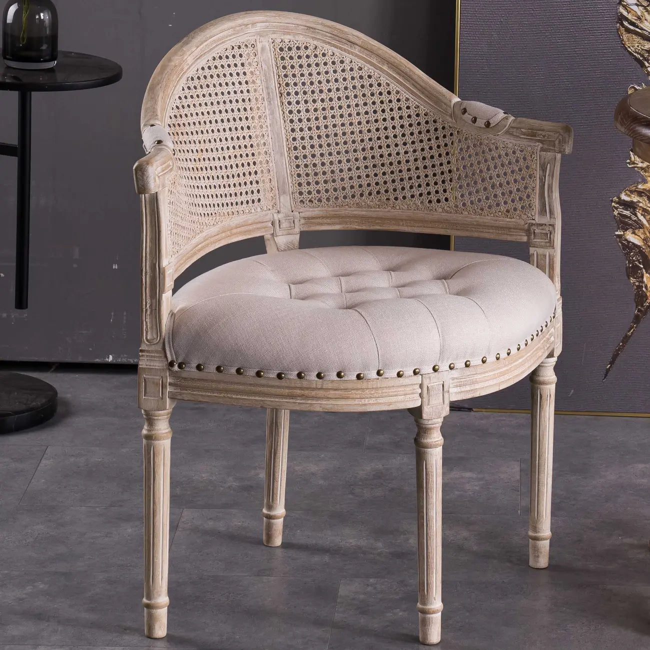 Rustic Rattan Upholstered Wood Dining Chair